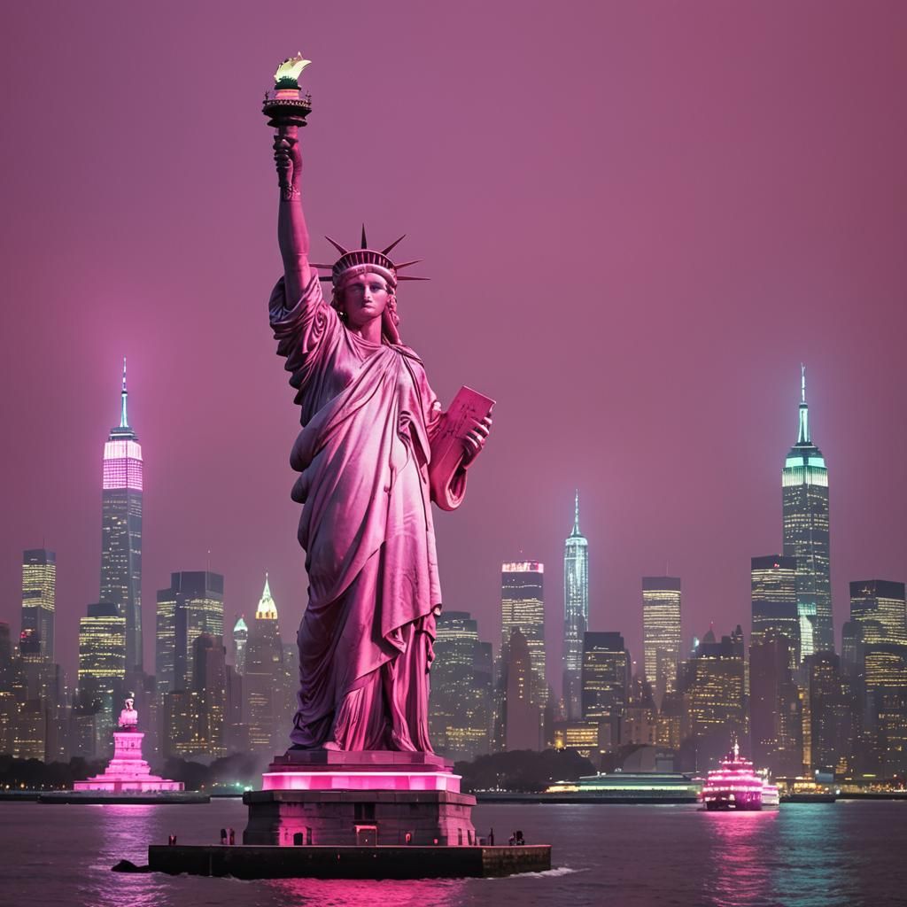 Statue of Liberty lit up in pink
