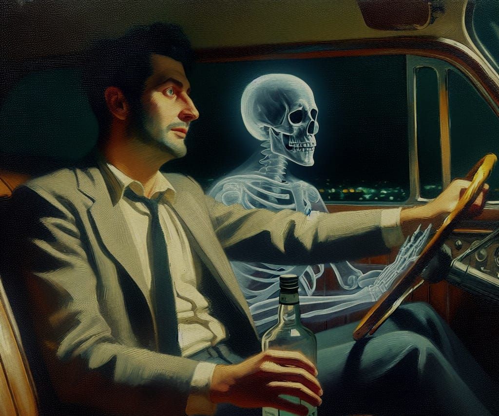 Night Driver with Ghostly Passenger in Oil Painting Style