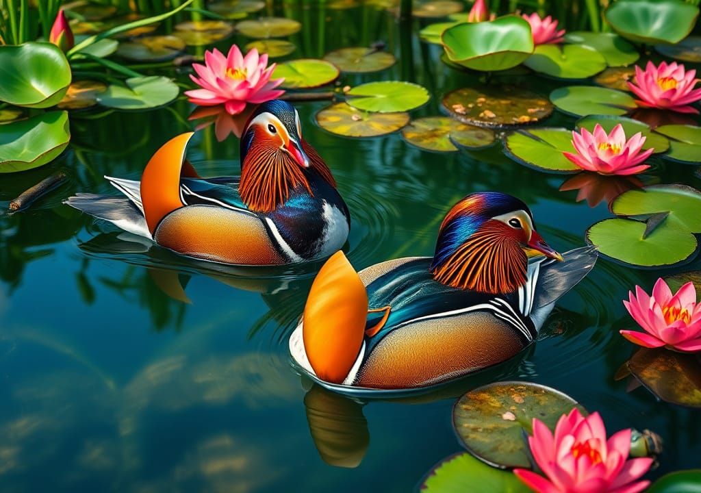 Mandarin Ducks in Lush Habitat: Hyperrealistic Wildlife Phot...