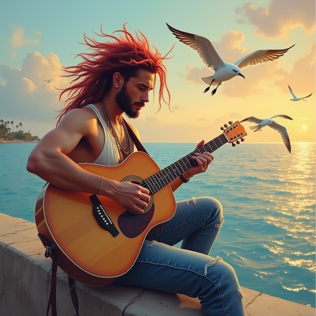 Soulful Rastafari Guitarist in Sunset Impressionist Style