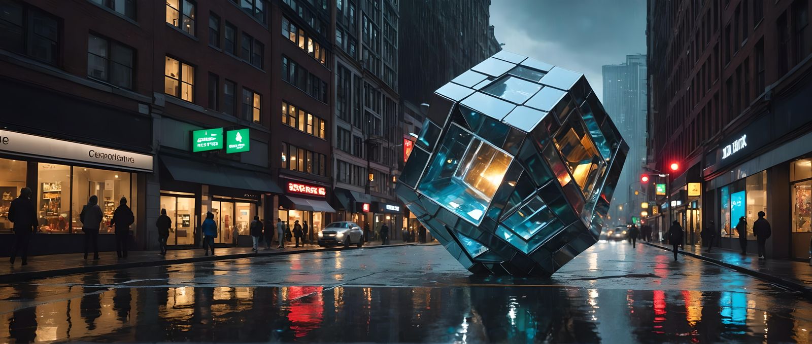 Futuristic Chrome Cube in Rainy City: Cubist Art Deco