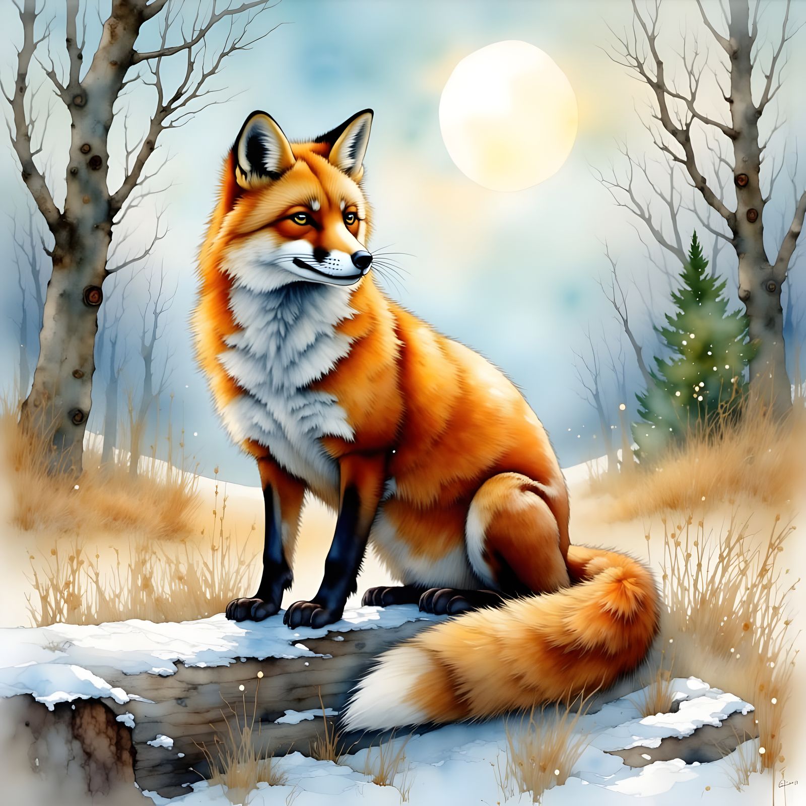 Vibrant Winter Fox in a Snowy Meadow Scene