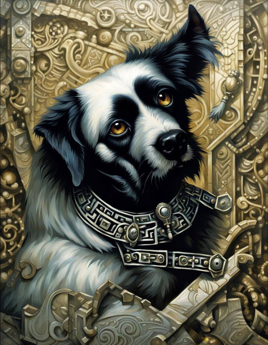 Monochromatic Dog with Intricate Brocade Collar in a Dark, C...