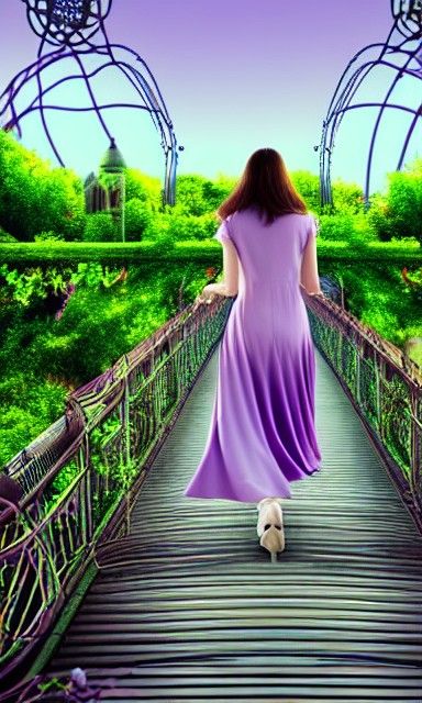 Woman in Purple Dress on Steampunk Bridge