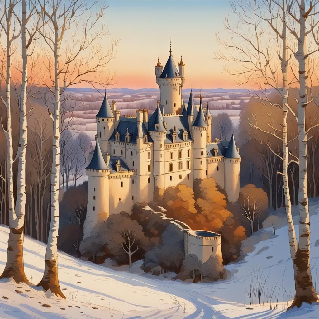 French Renaissance Castle Among Winter Birch Trees