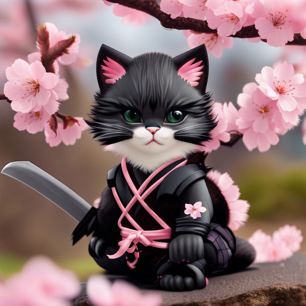 Pink Ninja Kitten Among Cherry Blossoms