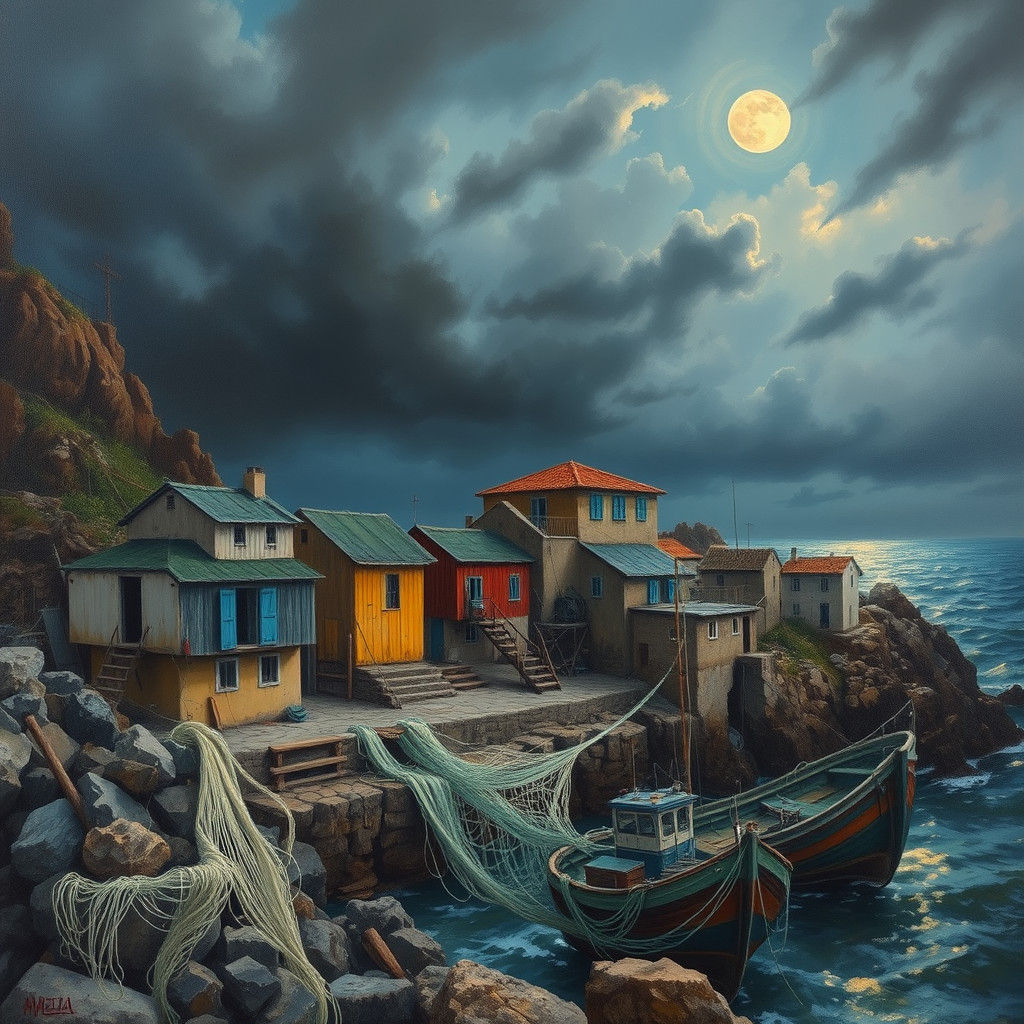 Beneath a bruised, twilight sky, a weathered fishing village clings to cliffs kissed by ocean spray.