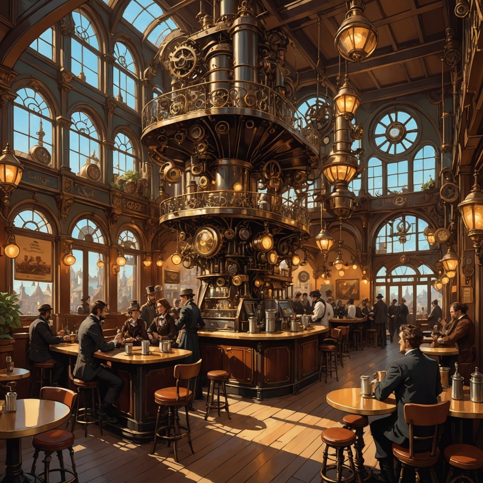 Steampunk Cafe with Automaton Patrons Oil Painting