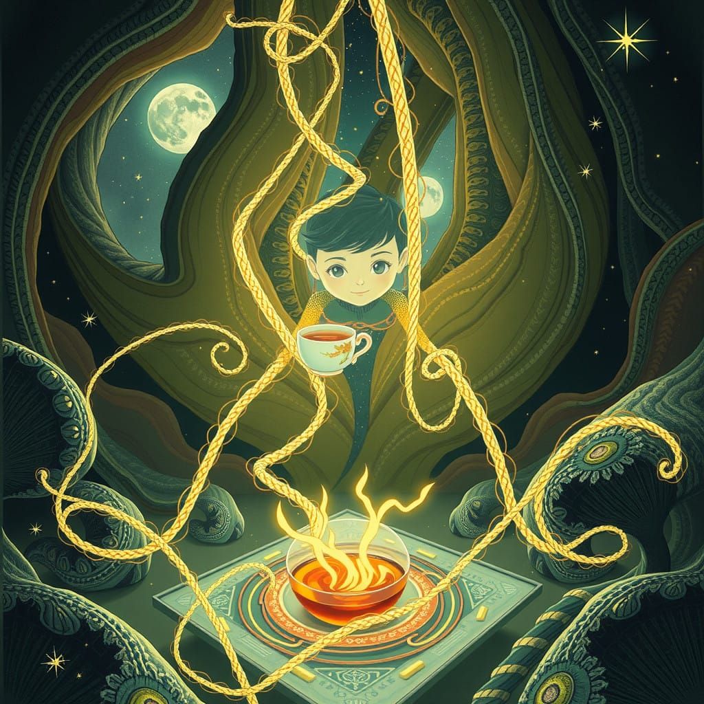 Cosmic Goddess Offers Mystical Tea in Dreamlike Atmosphere