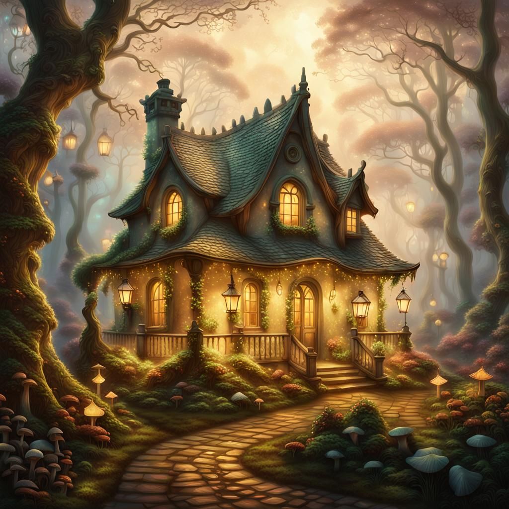 Ethereal Lantern House in Misty Forest