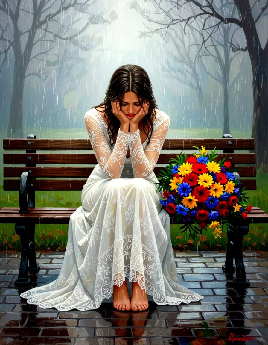 Melancholic Woman in Rain, as Oil Painting