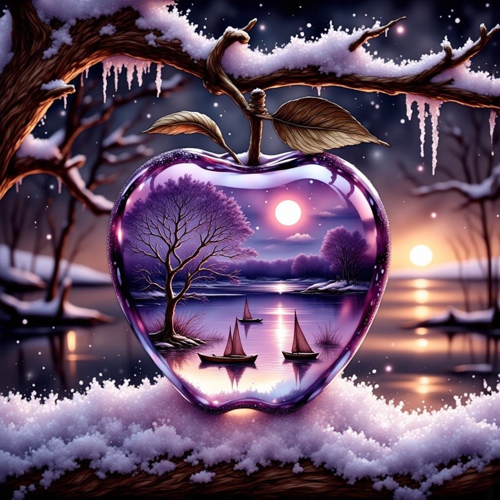 Crystal Clear Purple Glass Apple in a Surrealist Winter Scen...