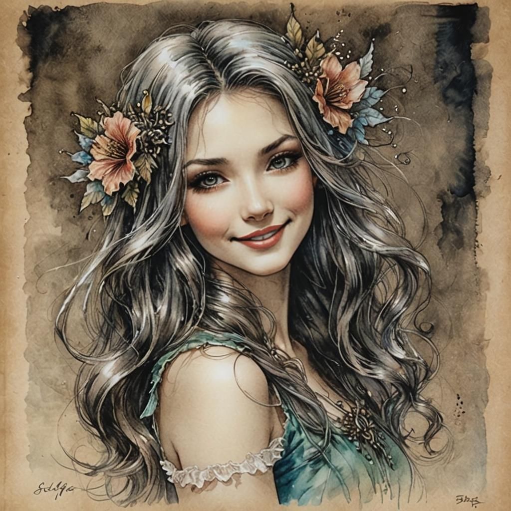 Beautiful Fairy Tale Girl Sketch in Watercolor