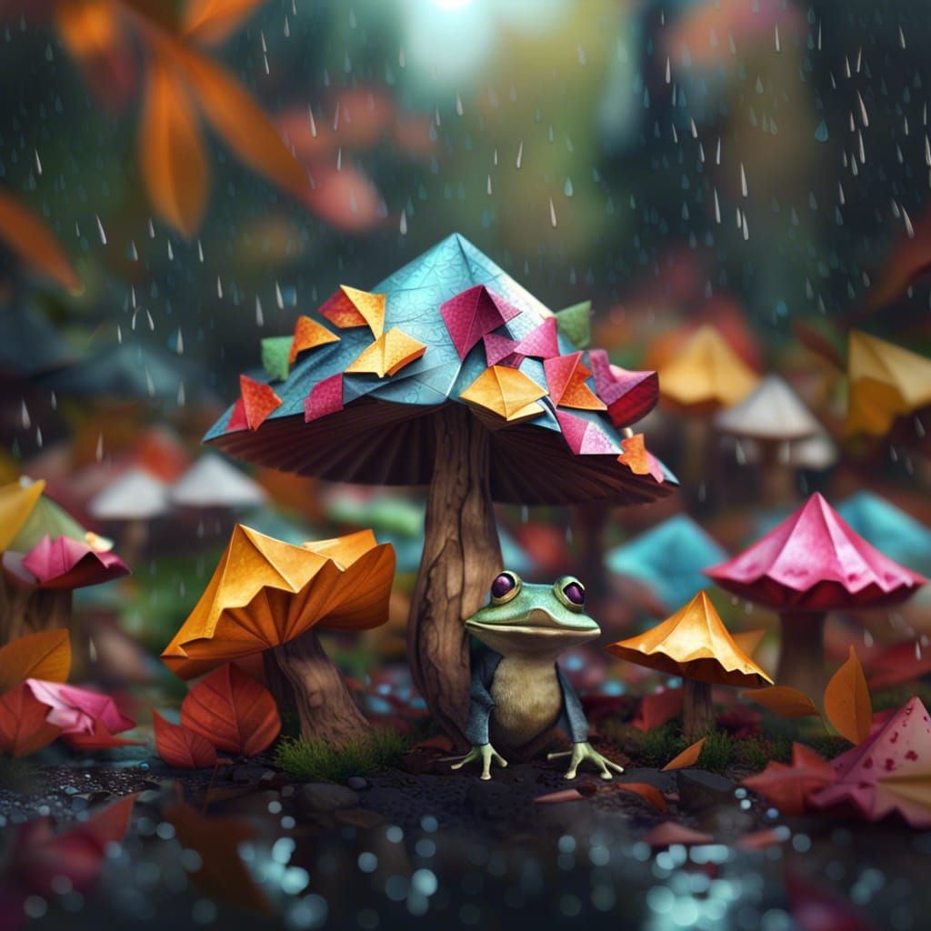 Colorful Origami Mushrooms and Frog in Autumn Rain