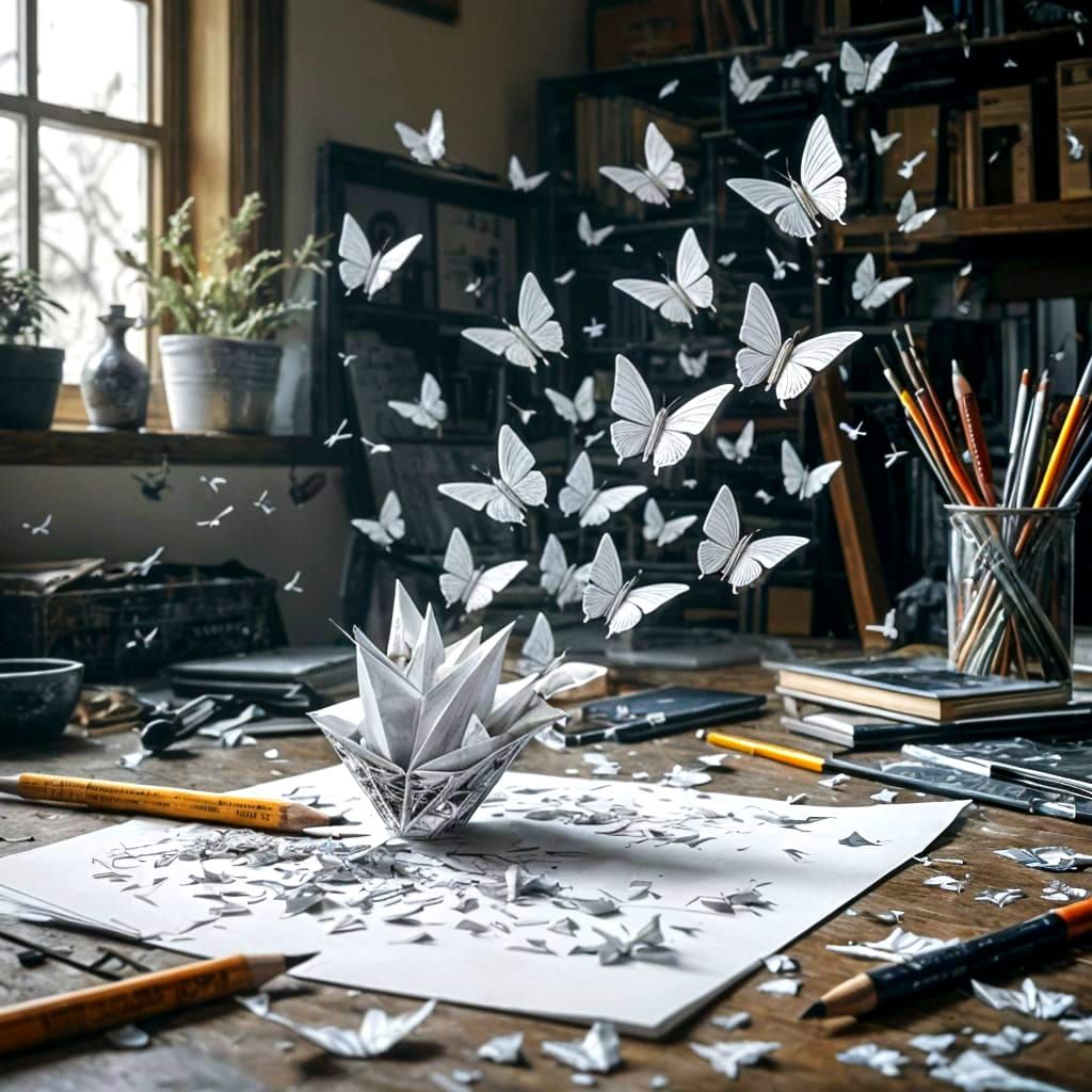 Origami Butterflies Emerge from Pencil Sketches