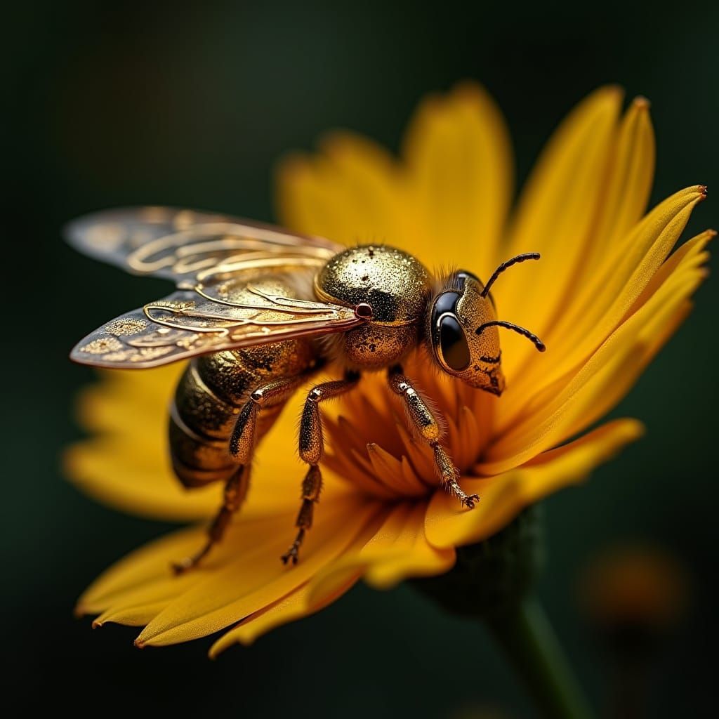 Elegant Golden Mechanical Bee on Real Flower
