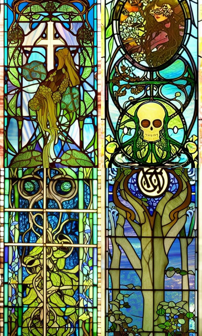 Overgrown City Stained Glass in Art Nouveau Style