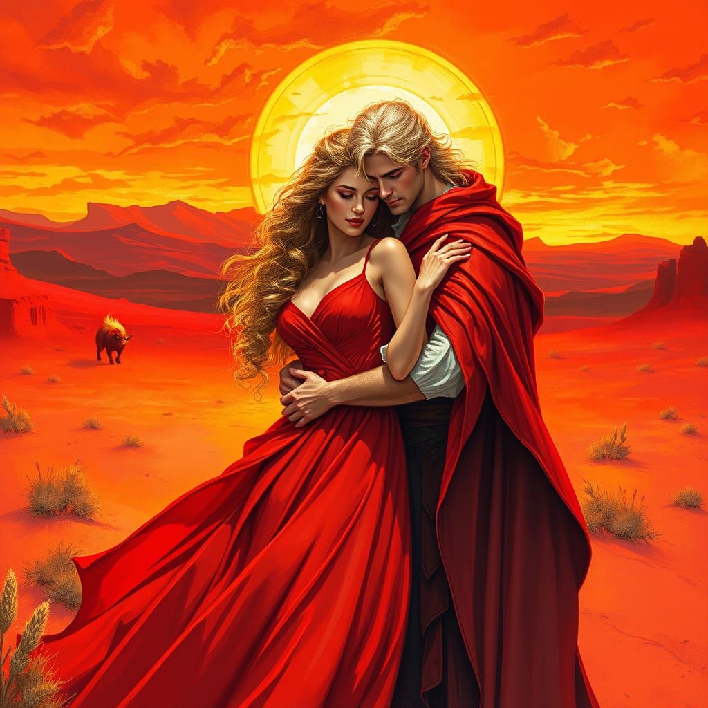 Embrace in Fiery Desert Landscape as Digital Art