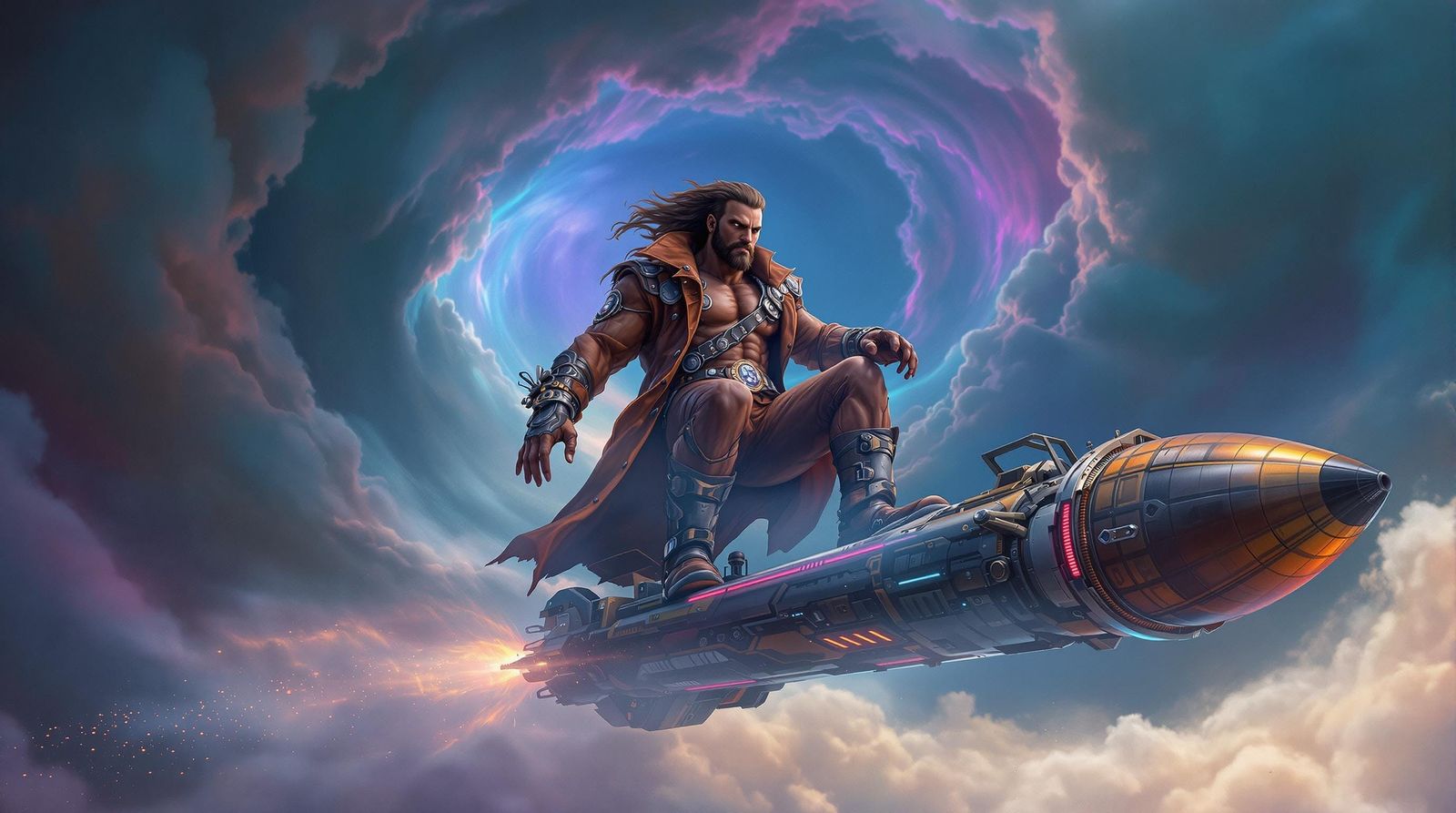 Retro-Futuristic Hero Rides Rocket Board Through Vortex