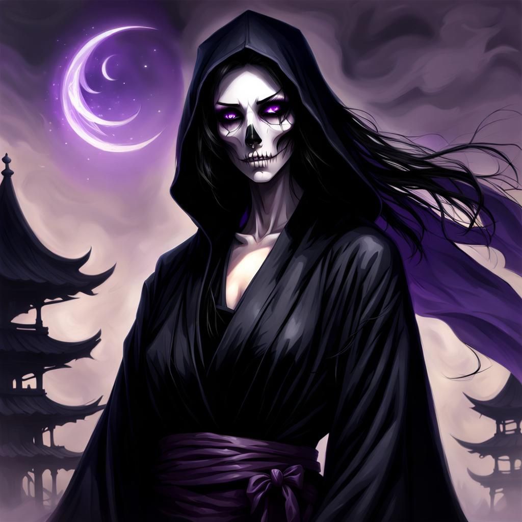 Beautiful Female Grim Reaper with Purple Eyes