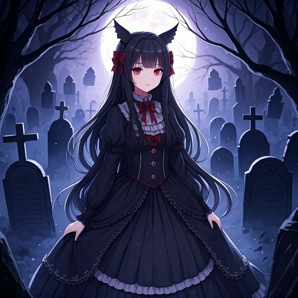 Whimsical Gothic Magical Girl in Moonlit Graveyard