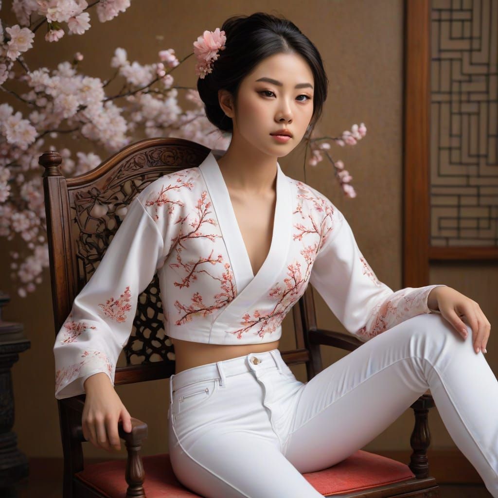 Geisha in Modern Attire with Cherry Blossoms