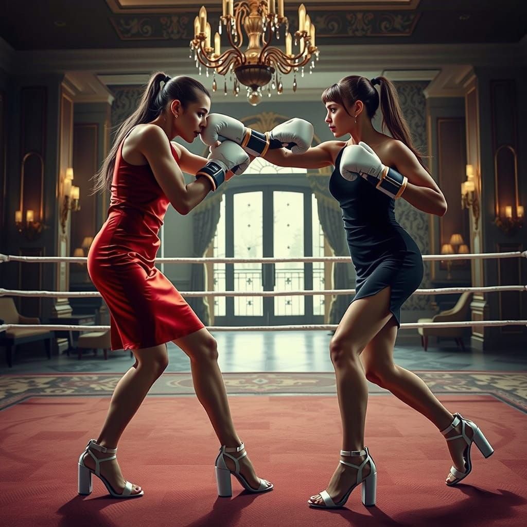 Hyper-Realistic Female Boxers in Cinematic Office Setting