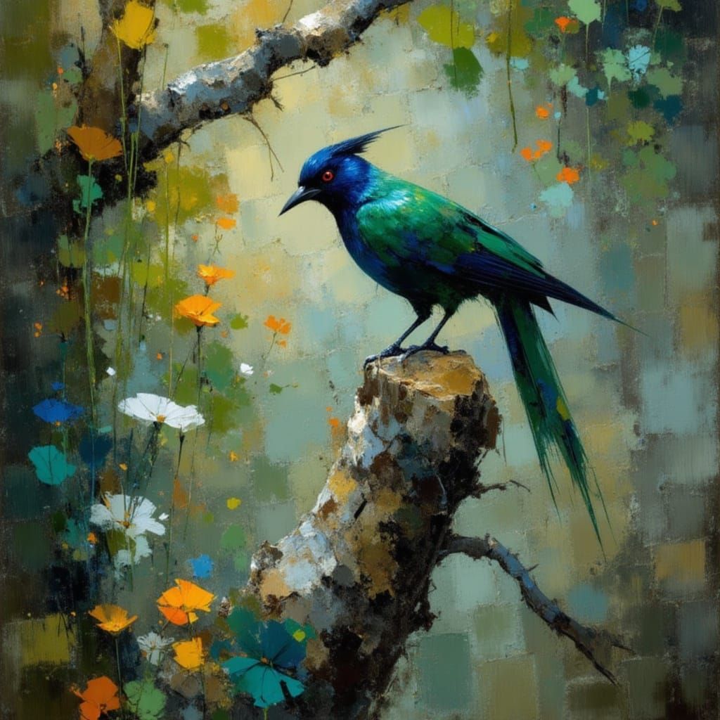 Fantastical Bird in Vibrant, Dreamlike Landscape