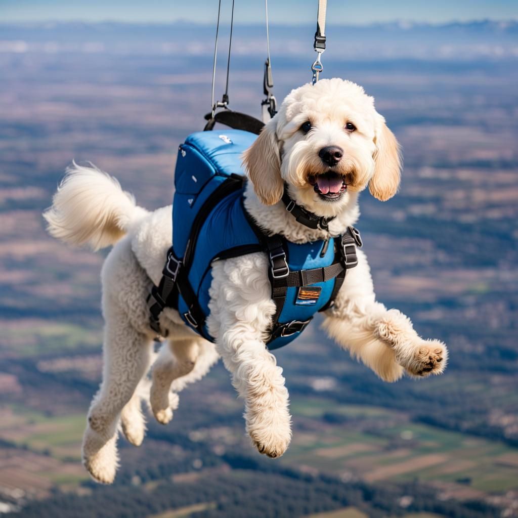a white goldendoodle skydiving