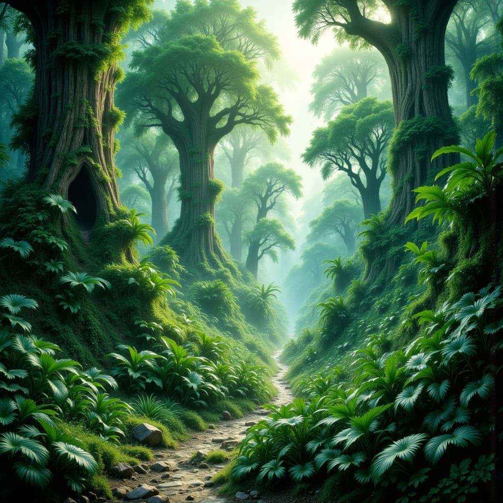 Dramatic Rainforest Landscape with Dappled Sunlight