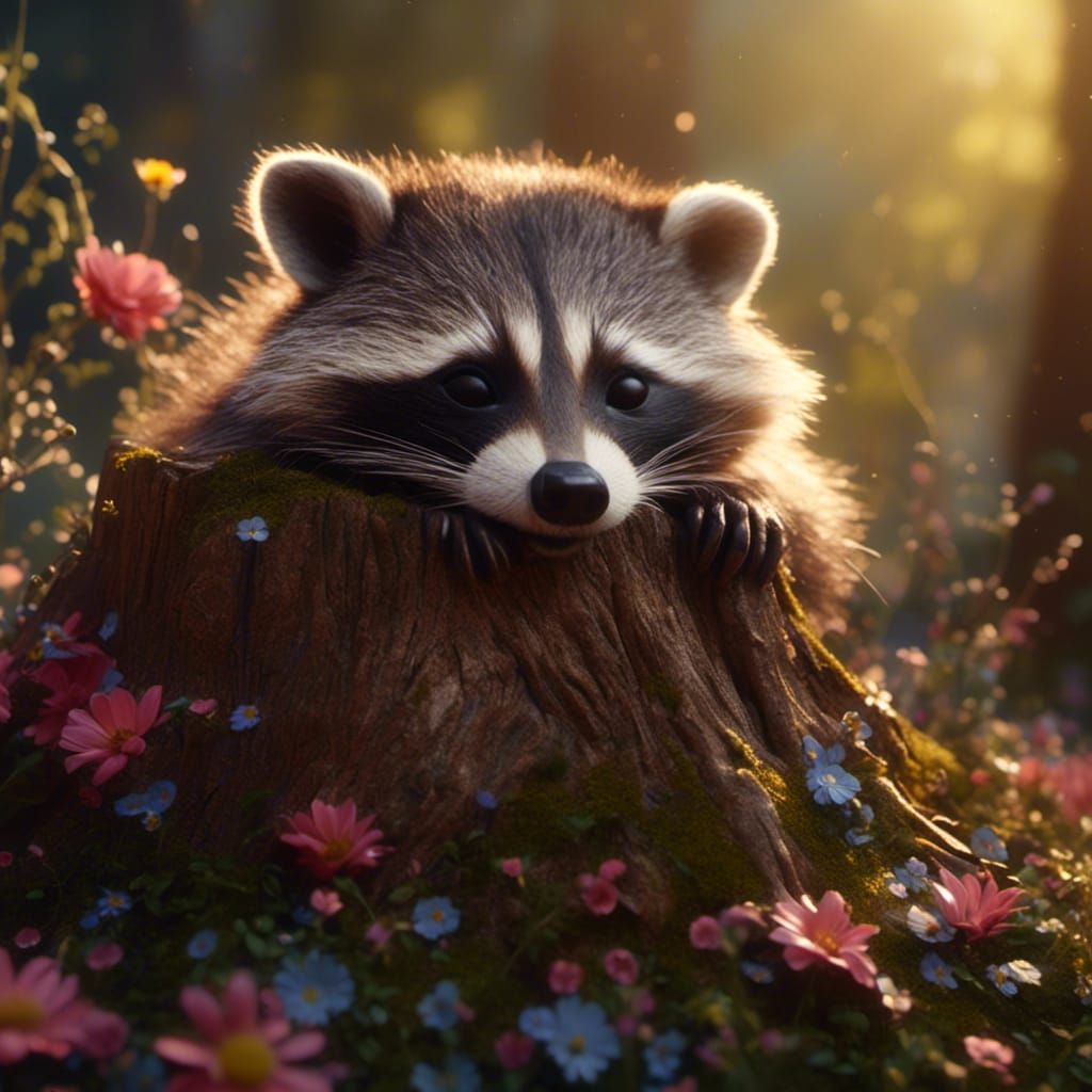 Baby Raccoon Sleeping in Forest, Hyperrealistic Art