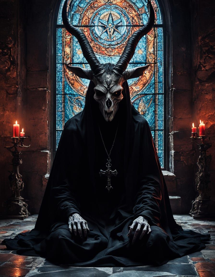 Dark Gothic Saint in Hellish Flames, Medieval Folk Illustrat...