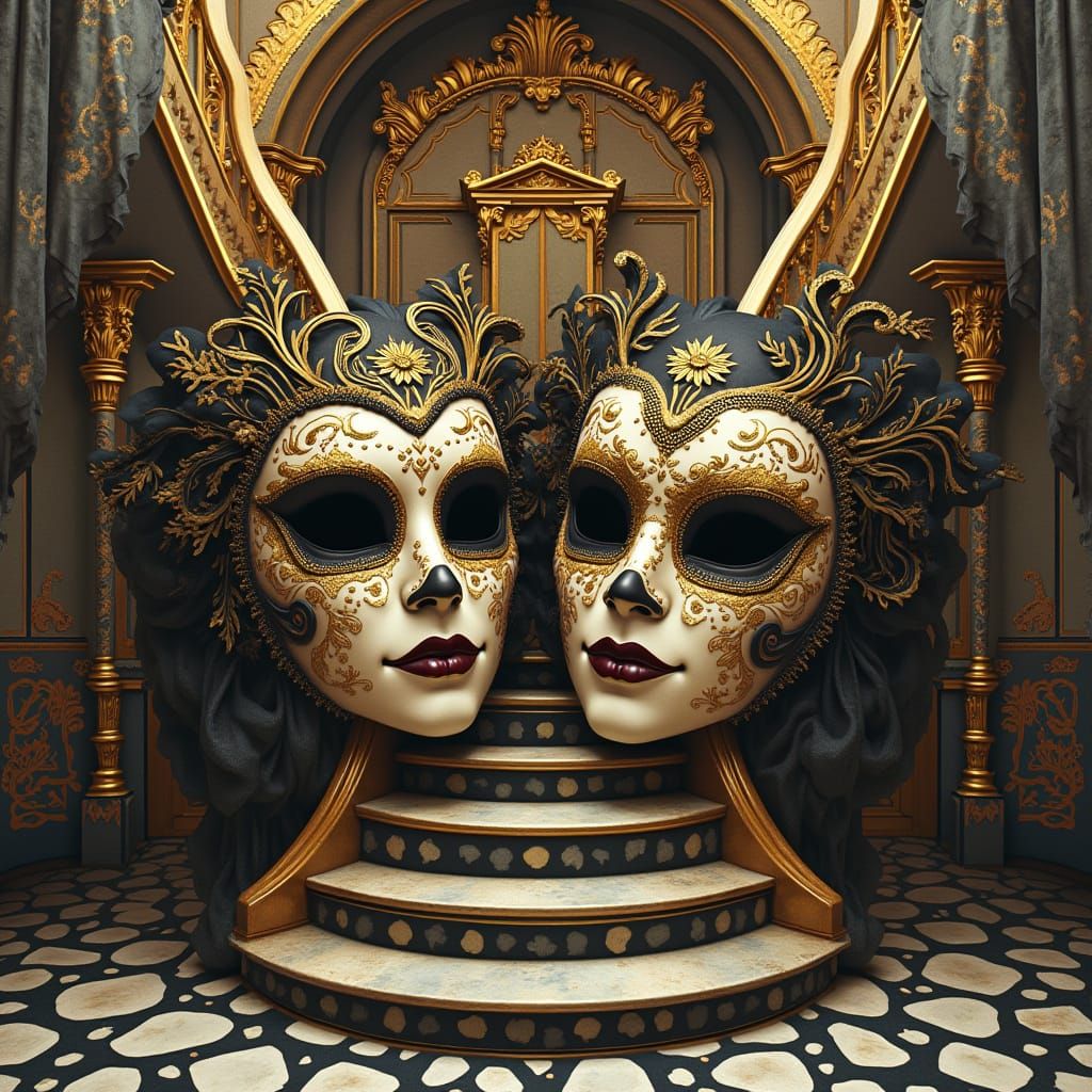 Baroque Carnival Masks in Opulent Architecture