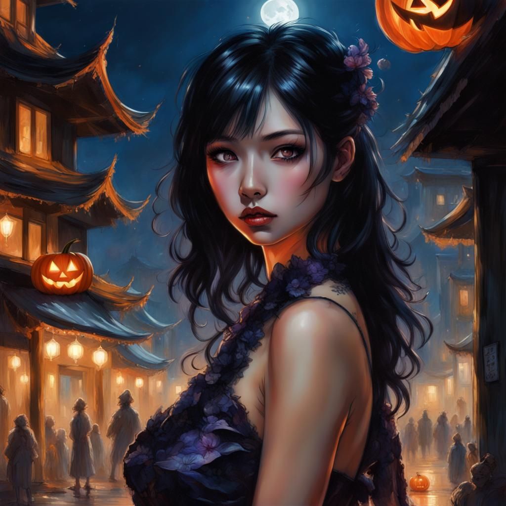 Beautiful Japanese Girl in Halloween Party Dress