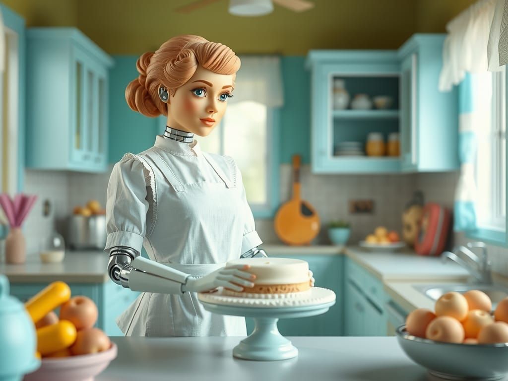 Retrofuturistic Cyborg Bakes Cake in Vaporwave Kitchen