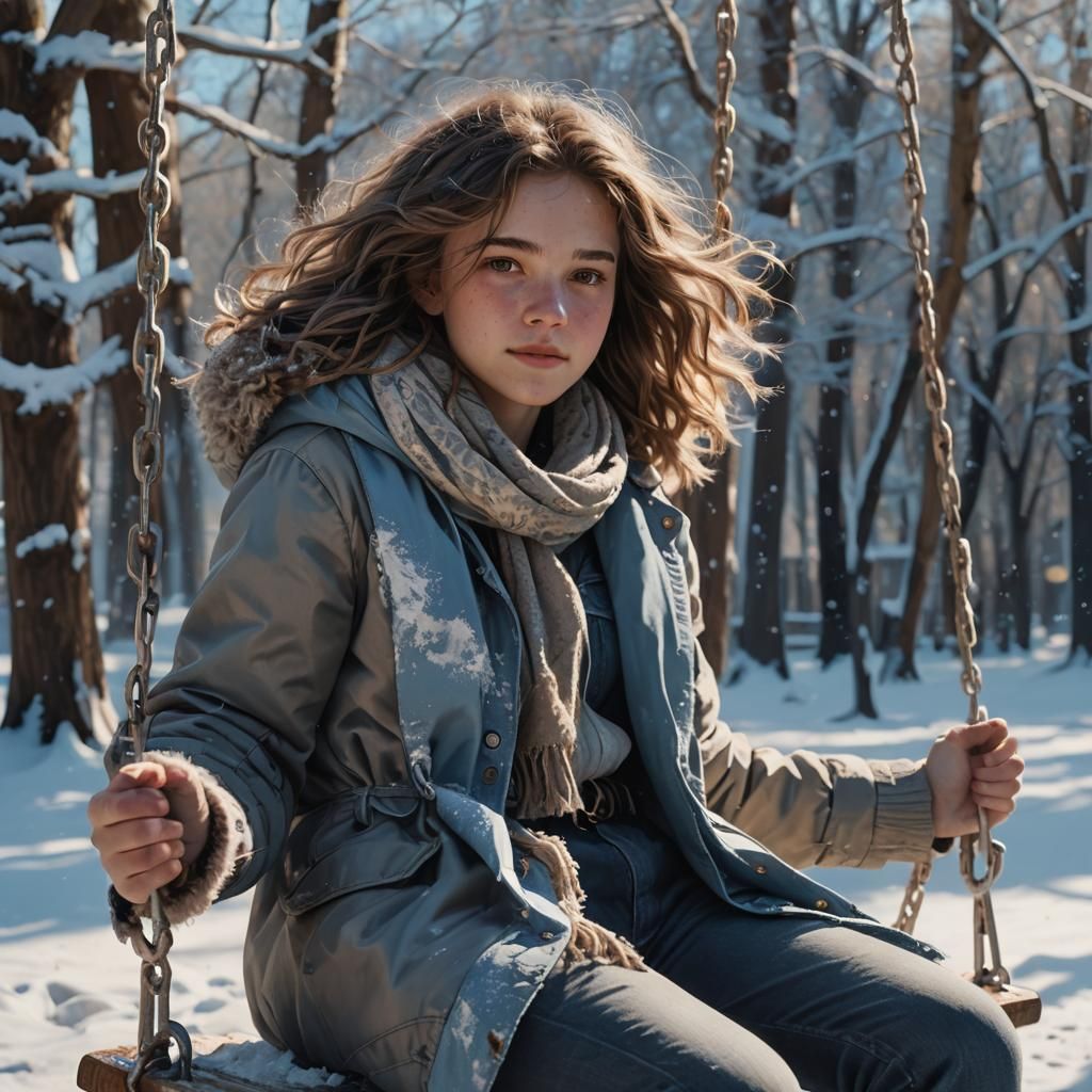 Girl on Swing: Hyperrealistic Winter Splash Art