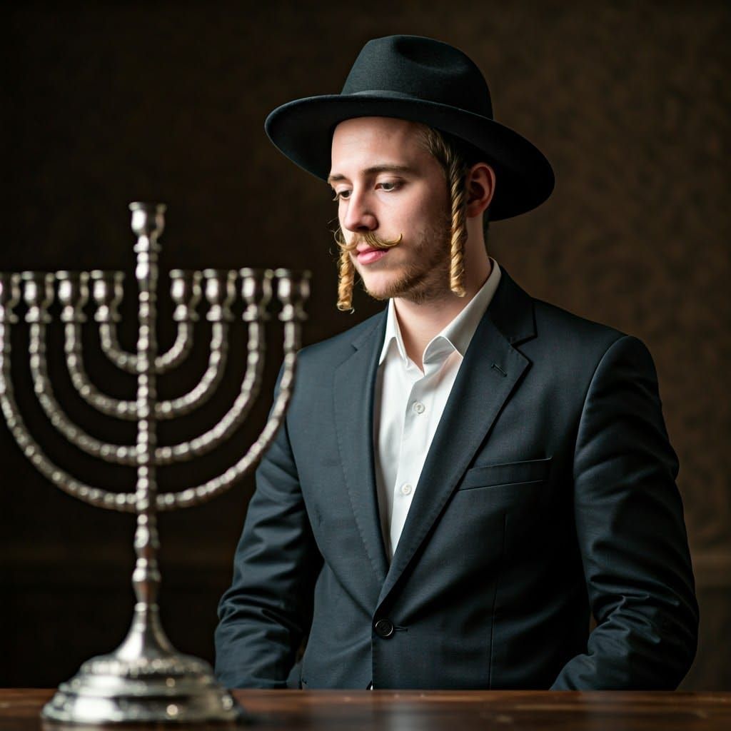 Ultra-Orthodox Man in Contemplative Pose, Admiring a Tall Si...