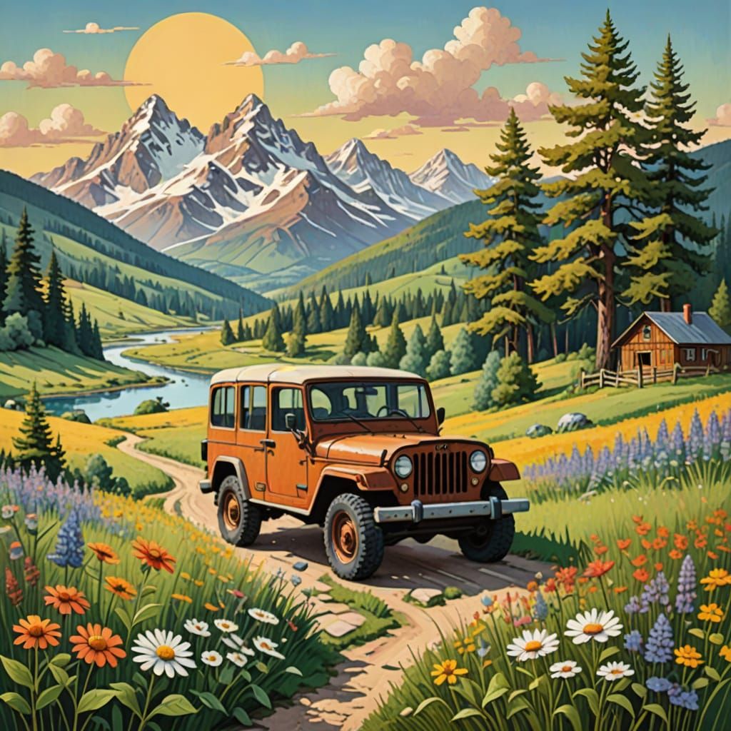 Weird Gingham Print of a rusted old jeep blended in with a m...