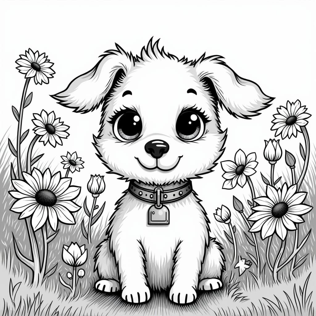 Dog in Garden: Black and White Coloring Book Illustration