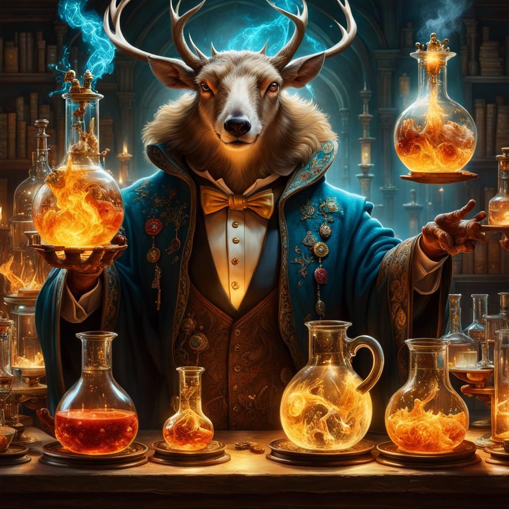 Mad Sorcerer Deer in Exploding Laboratory, Digital Watercolo...