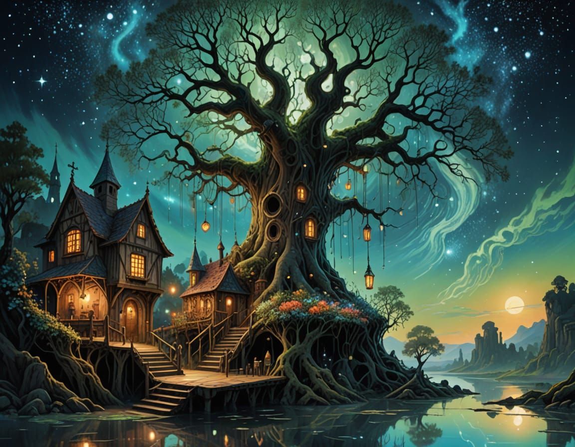 Enchanted Medieval Tabern Under Cosmic Celestial Tree