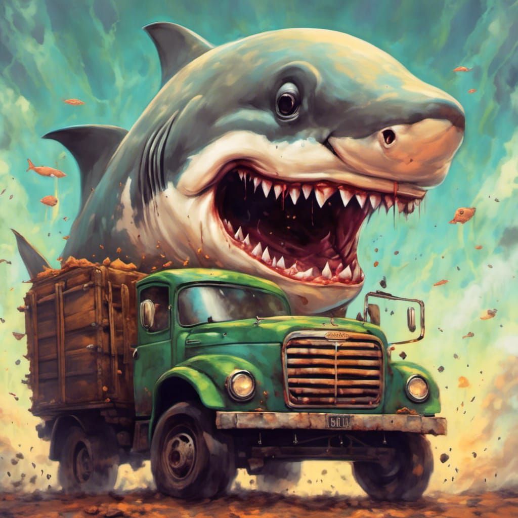 A smiling shark loaded on a huge truck ,  comic-art