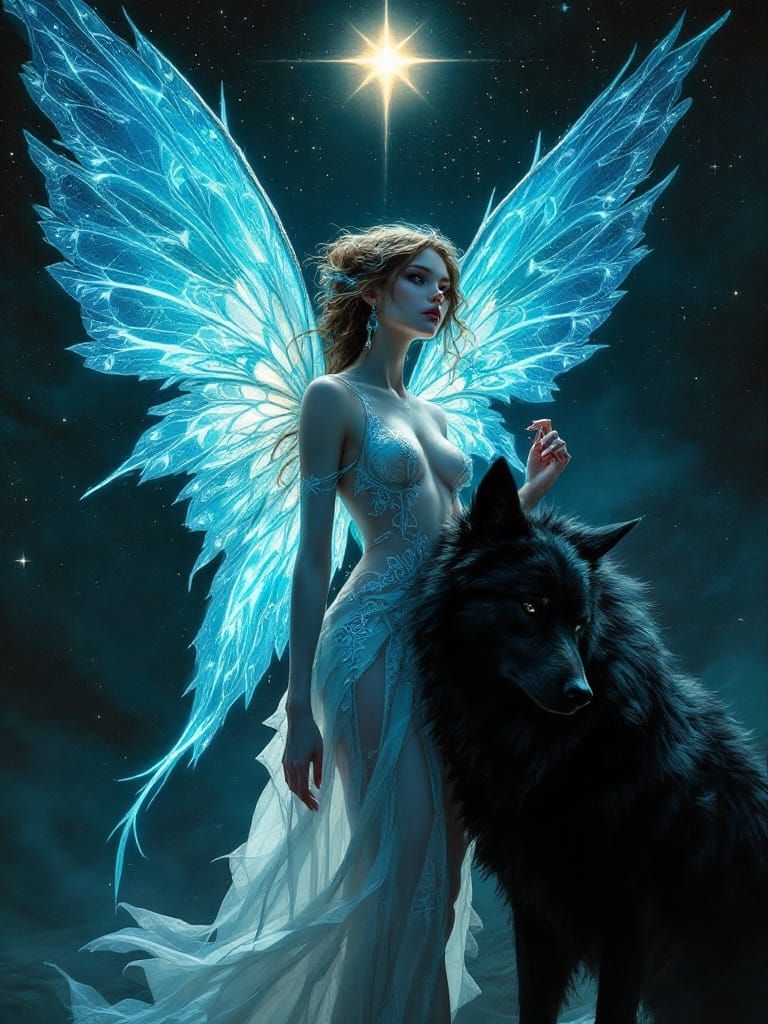 Luminous Fairy and Black Wolf under Starry Night Sky
