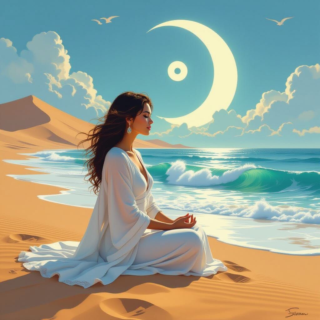 Serene Woman: Yin-Yang Harmony in Dreamy Landscape
