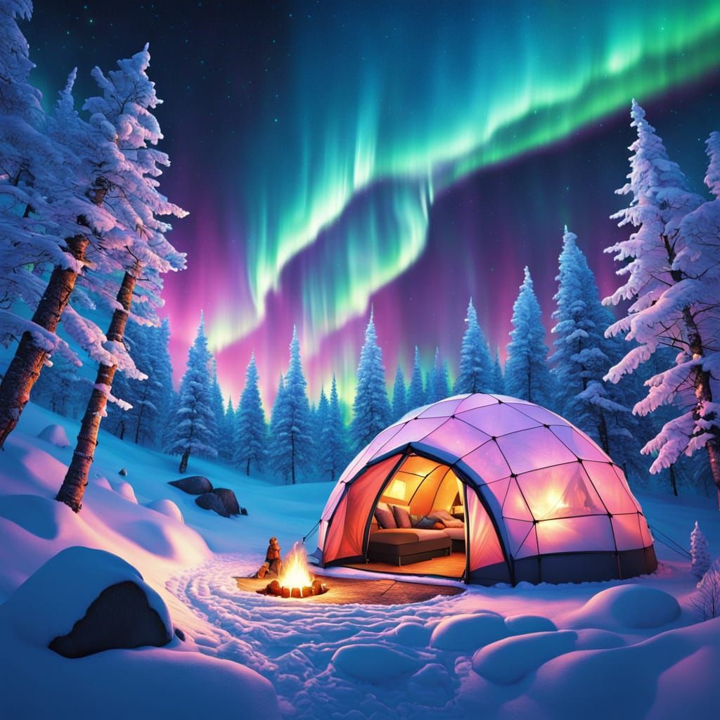 Northern Lights Dance Around Cozy Igloo Campsite