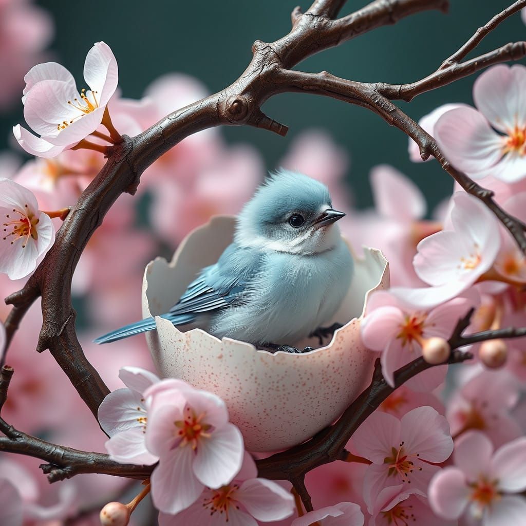 Baby Blue Bird Emerging from Cherry Blossom Egg