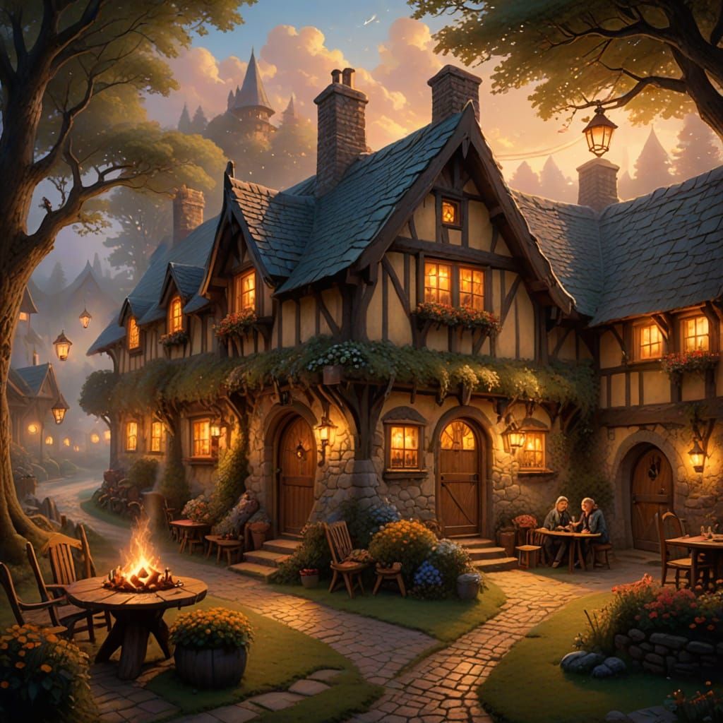Hobbits Gather at Prancing Pony Inn in Ethereal Light