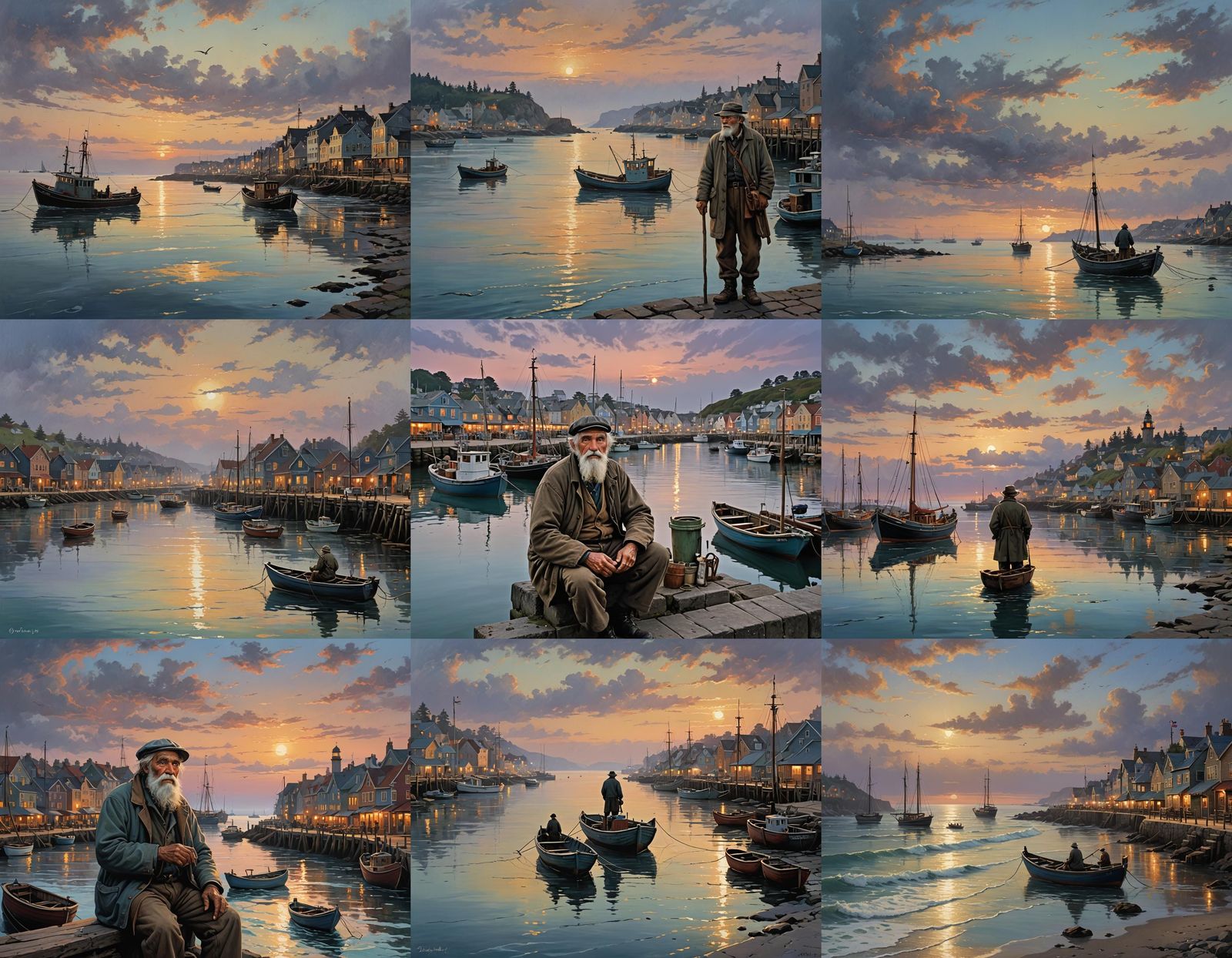 Old Fisherman Reflects by the Harbor at Dawn