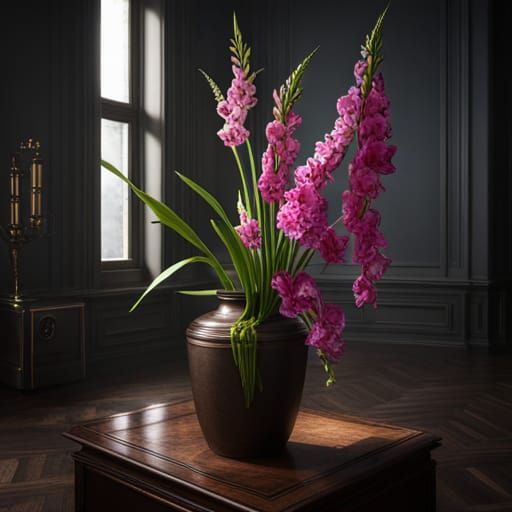 Gladioli in Brown Vase: Detailed Matte Painting