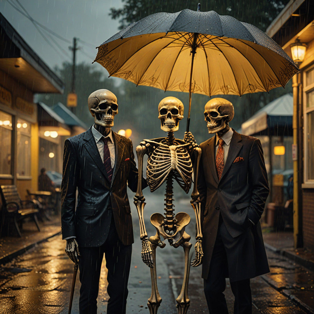 Skeletal Duo Embracing Rainy Day in Cinematic Film Style